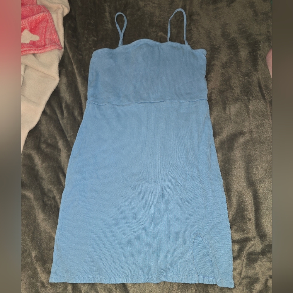 ASOS (Size 12) Sky Blue Ribbed Bodycon Dress With Leg Slit